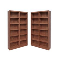 two wooden bookcases with open doors on each side, one is empty and the other has no shelves