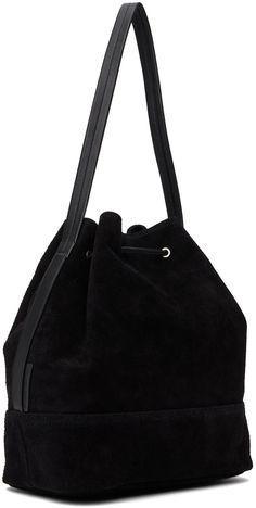 Lightweight suede shoulder bag in black. · Fixed shoulder strap · Drawstring closure · Patch pocket at interior · Canvas lining · H11 x W14.5 x D6 Supplier color: Black Luxury Suede Evening Shoulder Bag, Chic Formal Shoulder Bag With Suede Lining, Chic Suede Bucket Bag With Suede Lining, Formal Suede Shoulder Bag With Suede Lining, Evening Suede Bags With Leather Handles, Chic Suede Shoulder Bag For Formal Occasions, Modern Formal Bag With Suede Lining, Modern Formal Shoulder Bag With Suede Lining, Chic Suede Bucket Bag With Removable Pouch