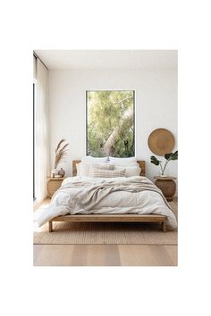 a bed sitting in a bedroom next to a wooden dresser and window with plants on it