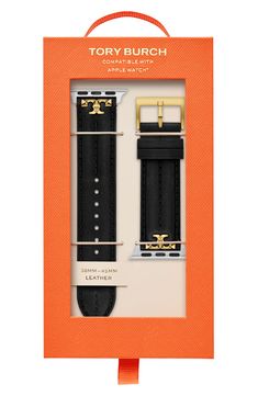 The iconic Tory Burch logo adds branded appeal to a sophisticated leather strap that will elegantly frame your Apple Watch. Apple Watch not included Fits 38/40/41/42/44/45mm Apple Watch Compatible with Series 1–9 Apple Watch 20mm band width Buckle closure Leather Imported Tory Burch Apple Watch Band, Elegant Leather Bracelet Strap For Watches, Classic Leather Strap Apple Watch Band For Business, Luxury Leather Strap Watch For Work, Classic Business Apple Watch Band With Leather Strap, Business Leather Apple Watch Band In Black, Luxury Watches With Leather Strap For Work, Elegant Rectangular Leather Strap Watch Bands, Business Black Leather Apple Watch Band