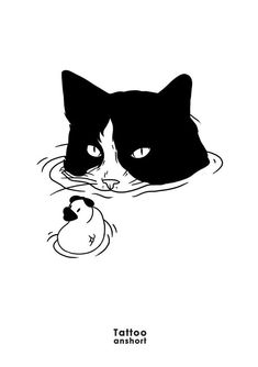 a black and white drawing of a cat swimming next to a rubber duck in the water