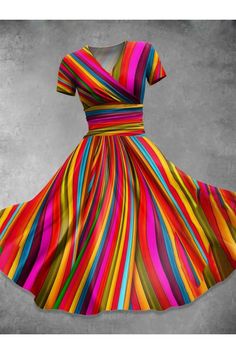 Red Cadillac, Striped Print Dresses, Vestidos Retro, Printed Casual Dresses, Vestido Plus Size, Retro Rainbow, Mode Masculine, Mid Length Skirts, Moda Vintage