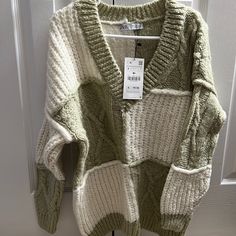 Zara Green Patchwork Sweater Size Small Nwt Trendy White Patchwork Sweater, Casual White Patchwork Sweater, Casual Cream Patchwork Sweater, White Knit Outerwear From Zara, White Knit Outerwear By Zara, Zara White V-neck Sweater, White V-neck Zara Sweater, Zara White Long Sleeve Sweater, Cozy White Zara Sweater