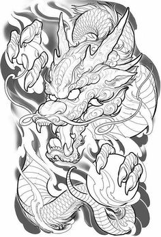 a dragon tattoo design in black and white