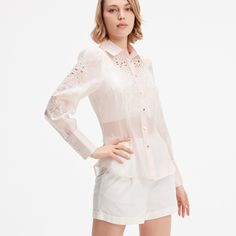 A refined piece adorned with openwork embroidery on the sleeves and breastplate. Shirt collar, curved line front and back. All in a soft, slightly transparent organza. To wear jeans or   to fit r in a more formal skirt with a tailor's jacket to go to the office. Main fabric: 100% Polyester Machine wash gentle cycle (30 degrees max) Organza Blouse, Shirt Blouses Women's, Embroidered Organza, Rose Pale, Formal Skirt, Versatile Outfits, Tailored Jacket, Independent Designers Fashion, Shirt Collar