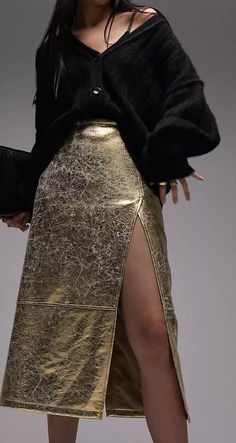 gold metallic skirt with side split; asos Gold Metallic Skirt, Gold Trend, Metallic Skirt, Side Split, Gold Metal, Midi Skirt, Topshop, Split, Asos