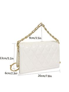 Bag For Love - Quilted Flap Chain Square Bag - Women Satchels Product Description Color White Strap Type Chain Strap Type Top Handle Pattern Type Quilted Style Fashionable Bag Size Small Quantity 1 piece Type Square Bag Coating 100% Polyurethane Composition 100% Polyurethane Material PU Leather Size Chart INCH CM Size Bag Width Bag Height Bag Length Strap Length one-size 2.4 5.1 7.9 47.2 Size Bag Width Bag Height Bag Length Strap Length one-size 6 13 20 120 Similar Products h2 { text-align: cent White Chain Strap Shoulder Evening Bag, Trendy White Evening Bag, Trendy White Square Evening Bag, White Clutch Evening Bag With Chain Strap, White Evening Bag With Chain Strap As Gift, White Evening Bag With Chain Strap, Square Bag, Bag Women, Olivia Mark