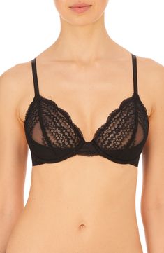 Add a sultry detail under everyday outfits with this bralette-inspired underwire bra fashioned with feathery lace and a strappy back. 86% nylon, 14% elastane; 100% polyester lining Hand wash, line dry Imported Underwire Bra With Delicate Straps, Party Bra With Delicate Straps And Underwire, Push-up Bra With Lace Closure For Party, Elegant Bra With Adjustable Straps For Night Out, Elegant Push-up Bra With Straps, Fitted Push-up Bra With Delicate Straps, Fitted Low-cut Bra With Lace Closure, Low-cut Fitted Bra With Lace Closure, Low-cut Lace Closure Bra