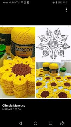 crochet sunflowers and yarn are displayed on a table with other items