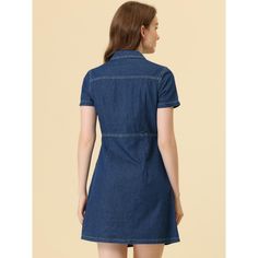 In easy denim, this elegant jean dress is a perfect summer essential. With short sleeves, a point collar, and a chest pocket design, this is a fashion-charming piece for your wardrobe. A stylish half-placket denim dress with a well-cut is meant to be worn every day. You can pair it with your favorite high heels, sandals, or plimsolls for a casual look. Denim Blue Short Sleeve Dresses With Pockets, Dark Wash Short Sleeve Dress With Buttons, Short Sleeve Denim Dress For Work, A-line Denim Dress With Pockets, Dark Wash Fitted Short Sleeve Denim Dress, Short Sleeve Denim Dress With Pockets, Collared Denim Dress For Summer Workwear, Fitted Short Sleeve Denim Dress, Dark Wash Short Sleeve Dress With Button Closure