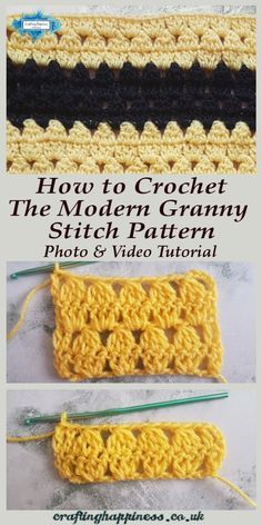 crochet the modern granny stitch pattern is shown in three different colors and sizes