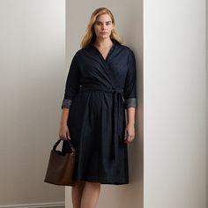 A faux-wrap bodice a belted waist and side on-seam pockets define the easy character of this midi dress which is embellished with “LRL”-engraved buttons for a signature touch. A comfortable right-hand twill construction amplifies its casual appeal. Elegant Belted Dress With Pockets For Work, Mid-length Dresses With Pockets For Work, Mid-length Workwear Dresses With Pockets, Knee-length Business Casual Dresses With Pockets, Belted Knee-length Dress For Work, Belted Midi Length Work Dresses, Knee-length Wrap Dress For Fall Workwear, Fall Midi Length Wrap Dress For Daywear, Fall Belted Dresses For Business Casual