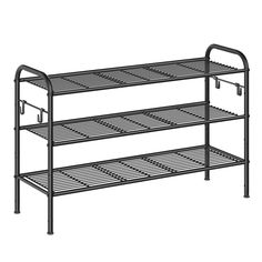 a three tiered metal shelf with wheels