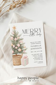 Merry Little Baby Shower Invitation Template, Editable Christmas Girl Baby Shower Invite