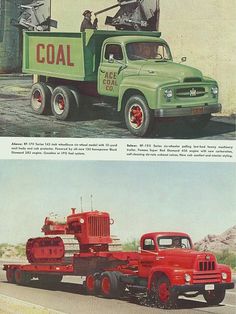 two old trucks are shown side by side with the same truck in front and back