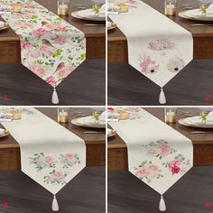 four different images of the same table runner with pink flowers on it, and one has a tassel