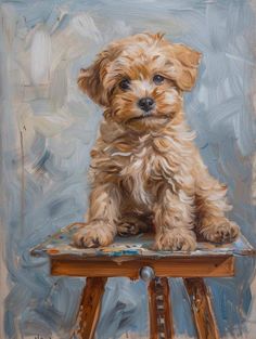 a painting of a small dog sitting on top of a wooden stool in front of a blue background