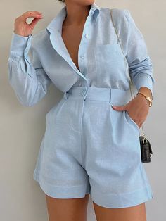 Long Sleeve Loose Shorts Set Linen Blouse, Short Suit, Casual Sets, Short Shirts, Women Set, Outfit Casual, Shorts With Pockets, Happy Hour, Clothing Patterns