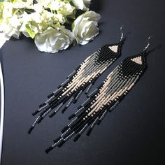 Black Beaded Peacock Fringe Earrings. Black Beige Gray Silver | Etsy Black Drop Earrings For Summer, Black Dangle Jewelry For Summer, Elegant Beaded Fringe Earrings, Elegant Long Drop Beaded Tassel Earrings, Elegant Fringe Beaded Earrings For Party, Elegant Beaded Fringe Earrings For Party, Elegant Long Drop Beaded Fringe Earrings, Elegant Silver Beaded Earrings With Fringe, Black Jewelry For Summer Evenings