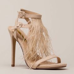 Never Worn Nude Feathered Open Toe Heels Beige Heels For Night Out In Spring, Beige Heels For Spring Date Night, Beige Heels For Date Night In Spring, Beige Ankle Strap Heels For Date Night, Beige Pointed Toe Sandals For Night Out, Beige Heels With Wrapped Heel For Night Out, Beige Ankle Strap Heels For Night Out, Beige Heels With Heel Strap For Night Out, Feathered Fringe