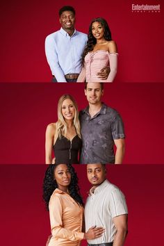 four different people are posing for the camera in front of a red background, and one is