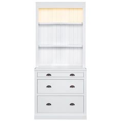 a white dresser with two drawers and one door open on the top, against a white background