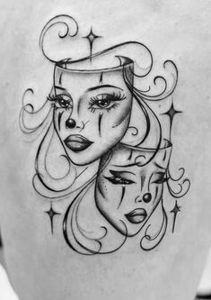 a woman's back with two faces and stars on her head, in black ink