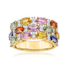 Ross-Simons - 4.80 ct. t. w. Multicolored Sapphire Ring in 14kt Yellow Gold. Size 9. Step inside a world of gemstone color with this fantastic sapphire statement! 4.80 ct. t. w. sapphire ovals decorate the band in bright shades of green, pink, yellow, blue, orange and icy white for a sparkling finish. Finely crafted in polished 14kt yellow gold. 3/8" wide. Multicolored sapphire ring.