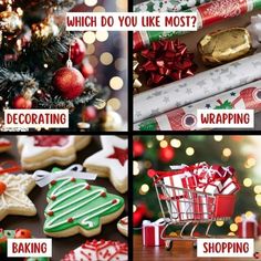 four different pictures with christmas decorations, presents and cookies on the table in front of a christmas tree