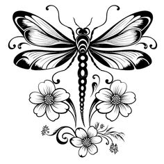 a black and white drawing of a dragonfly with flowers on it's wings