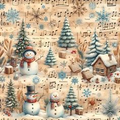 a christmas scene with snowmen and musical notes