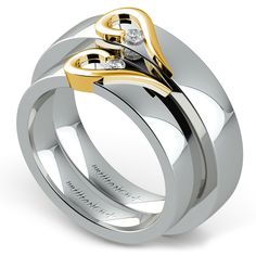 This wedding set features matching his and hers 3.5 mm bands in white gold, each with a curled half-heart design in 14k yellow gold and accented by a diamond for one-twelfth total weight. Proudly made in the USA.