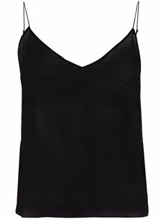 black silk sheer panelling spaghetti straps V-neck Luxury Black Camisole For Women, Black Sheer Silk Tops, Black Silk Camisole Top, Black Sheer Sleeveless Top, Luxury Black Tank Camisole, Slip Top, Saint Laurent Clothes, Silk Tank Top, Black Camis