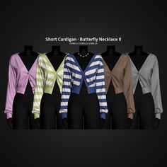 several sweaters on mannequins with the caption short cardigan - butterfly necklace