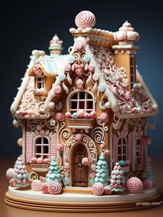 a gingerbread house with pink and blue decorations on the roof is shown in front of a dark background