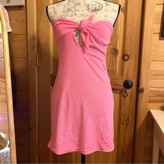 Beach Cover Up Or Casual Dress, Terry Cloth/ Towel Like Material, Hot Pink, Adjustable Tie In Front With Keyhole, Scrunch Back, Fits Size Xs To S, Mini Dress, Like New Never Worn Without Tags Summer Strapless Stretch Mini Dress, Summer Stretch Strapless Mini Dress, Strapless Stretch Summer Mini Dress, Casual Strapless Dress For Brunch, Strapless Stretch Mini Dress For Vacation, Casual Pink Strapless Sundress, Casual Pink Strapless Dress For Day Out, Casual Strapless Dress For Night Out, Spring Stretch Strapless Dress For The Beach