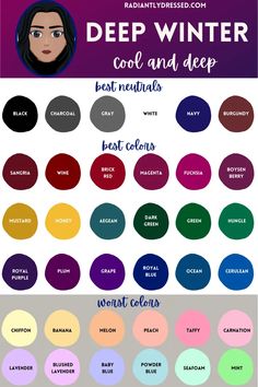 All About Deep Winter: Explore the 12 Seasons Deep Color Analysis, Deep Winter Color To Avoid, Winter Pallette Nails, Winter Season Color Analysis, Deep Winter Makeup Colors, Deep Winter Color Season, Color Analysis Seasons, Winter Color Season Outfits, Winter Color Analysis Outfits