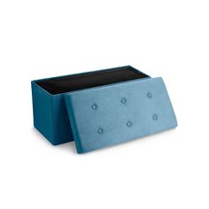 an upholstered blue box with buttons on the front and bottom, is shown against a white background