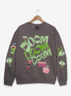 Get ready to take over the world with this Invader Zim crewneck! Featuring "Doom  Doom  Doom" puff print lettering  the front of this sweatshirt also includes portraits of Zim  GIR  and a pig. With more designs of GIR on the sleeves  this sweater is perfect for fans of the cartoon.A BoxLunch Exclusive!80% cotton; 20% polyesterListed in unisex sizesWash cold with like colors; dry lowDo not iron over printImported Cotton Cartoon Print Sweatshirt For Streetwear, Oversized Sweatshirt With Character Print For Streetwear, Oversized Cotton Sweatshirt With Character Print, Pop Culture Cotton Sweatshirt For Streetwear, Pop Culture Cartoon Print Sweatshirt For Streetwear, Pop Culture Cartoon Print Sweatshirt, Pop Culture Graphic Print Sweatshirt For Streetwear, Pop Culture Character Print Crew Neck Sweatshirt, Urban Crew Neck Sweatshirt For Fan Merchandise