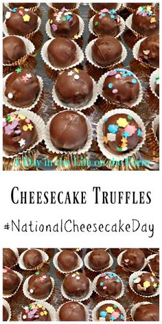 chocolate truffles with sprinkles on them and the words national cheesecake day