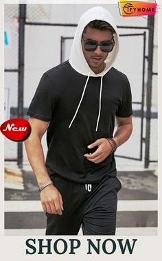 Men's Hooded Short Sleeve T-shirt Black Hooded T-shirt For Sports, Casual Hoodie For Sports Season, Casual Hoodie For Sports Events, Sporty Hooded T-shirt For Streetwear, Hooded Cotton T-shirt For Sports, White Short Sleeve Hoodie For Streetwear, Casual Hooded Tops For Sports, Casual Hooded Sports T-shirt, Sporty White Hooded T-shirt