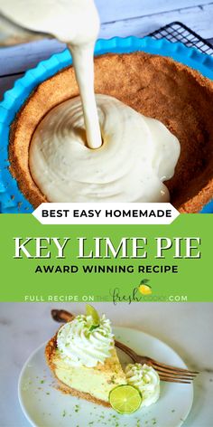 the key lime pie is being served in a pie pan with whipped cream on top