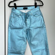 Never Worn! Asos Design 90s Straight Jeans In Blue Metallic With Split Hem Vintage Blue Mid-rise Bottoms, High Waist Blue Bottoms With Five Pockets, Blue Pants With Five Pockets For Spring, Vintage Blue Mid-rise Pants, Vintage High Waist Blue Bottoms, Vintage Blue Bottoms With Five Pockets, Vintage Blue Trousers, Vintage High Rise Blue Bottoms, Vintage Fitted Blue Bottoms