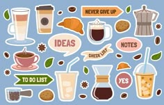 stickers with coffee and tea related items on blue background stock photo - budget conscious