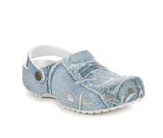 These clogs feature a stylish denim print on the durable Croslite™ material, providing the perfect blend of comfort and fashion. The lightweight construction and iconic Crocs comfort make them ideal for all-day wear. Classic round toe, Slip-on for easy entry, Slingback strap for support, Cushioned footbed, Smooth synthetic lining, Durable texture outsole | Unisex Adults' Crocs Classic Denim Clogs in Light Denim Size Men's 9 / Women's 11 Womens Clogs And Mules, Denim Print, Clogs And Mules, Women's Crocs, Womens Clogs, Light Denim, Mule Clogs, Clogs, Pu Leather