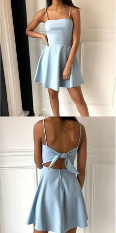 SP1177,Cheap Spghetti Strap Simple Light Blue A-Line Short Homecoming Dress · SofieProm · Online Store Powered by Storenvy Light Blue Homecoming Dresses, Light Blue Homecoming Dress, Prom Dress Tight, School Event Dress, School Dance Dresses, Mini Prom Dresses, Evening Mini Dresses, Satin Homecoming Dress, Gaun Fashion