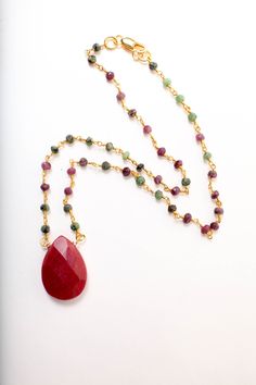 "Ruby Zoisite Beaded Rosary Gold Chain Necklace with Faceted Ruby Jade 18x25 Pear Drop Pendant 16\" Necklace Available in 16\", 18\", 20\", 22\", 24\"" Teardrop Beaded Chain Crystal Necklace As Gift, Teardrop Beaded Chain Crystal Necklace, Teardrop Beaded Chain Crystal Necklace For Gift, Teardrop Pendant Beaded Necklace Gift, Teardrop Faceted Bead Necklace For Gift, Teardrop Beaded Necklace As Gift, Gift Beaded Necklace With Teardrop Pendant, Teardrop Necklace With Faceted Beads For Gift, Teardrop Crystal Necklace With Beaded Chain For Gift