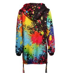 Jacket is made from cotton and polyester material and is long sleeved with a zipper and multi color paint splash design. Cotton Hoodie With Graffiti Print For Fall, Cotton Graffiti Print Hoodie For Fall, Cotton Fall Hoodie With Graffiti Print, Winter Cotton Outerwear With Graffiti Print, Casual Multicolor Print Fall Outerwear, Colorful Cotton Outerwear For Fall, Multicolor Graphic Print Hooded Outerwear, Multicolor Hooded Outerwear With Graphic Print, Trendy Multicolor Hooded Outerwear