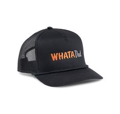 View front of Whataburger WhataDad Black Trucker Hat Black Mesh Snapback Hat Casual, Casual Black Hat With Mesh Back, Black Mesh Casual Snapback Hat, Casual Black Mesh Snapback Hat, Casual Black Mesh Back Hat, Black Mesh Baseball Cap For Outdoor Activities, Black Curved Bill Hat For Summer, Casual Black Mesh Trucker Hat, Casual Black Mesh Baseball Cap