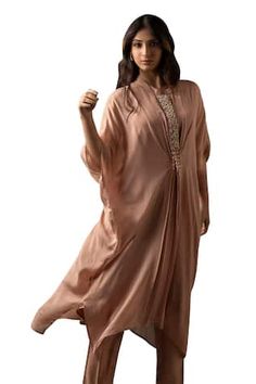 Beige kaftan with beads and French knot embroidered neck. Paired with matching pant and inner. - Aza Fashions Pant Women, French Knot, Bat Wings, Aza Fashion, Online Design, Hand Embroidered, Knot, Pants For Women, Beads